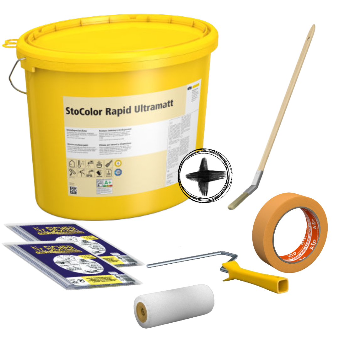 StoColor Rapid Ultramatt Starterset – Ultramatte Wandfarbe für ca. 33–38 m² inkl. Malerzubehör - weiß