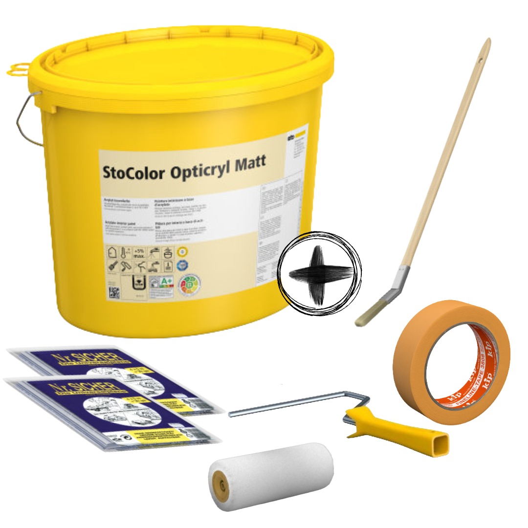 StoColor Opticryl Matt Starterset 5 L – Strapazierfähige Wandfarbe für ca. 33–38 m² inkl. Malerzubehör - weiß