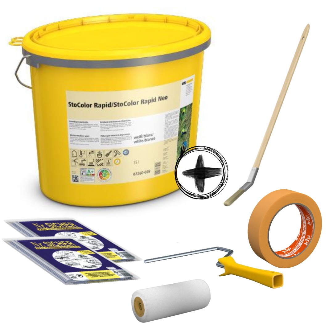 StoColor Rapid / Rapid Neo Starterset 5 L – Hochdeckende Wandfarbe für ca. 33–38 m² inkl. Malerzubehör - weiß