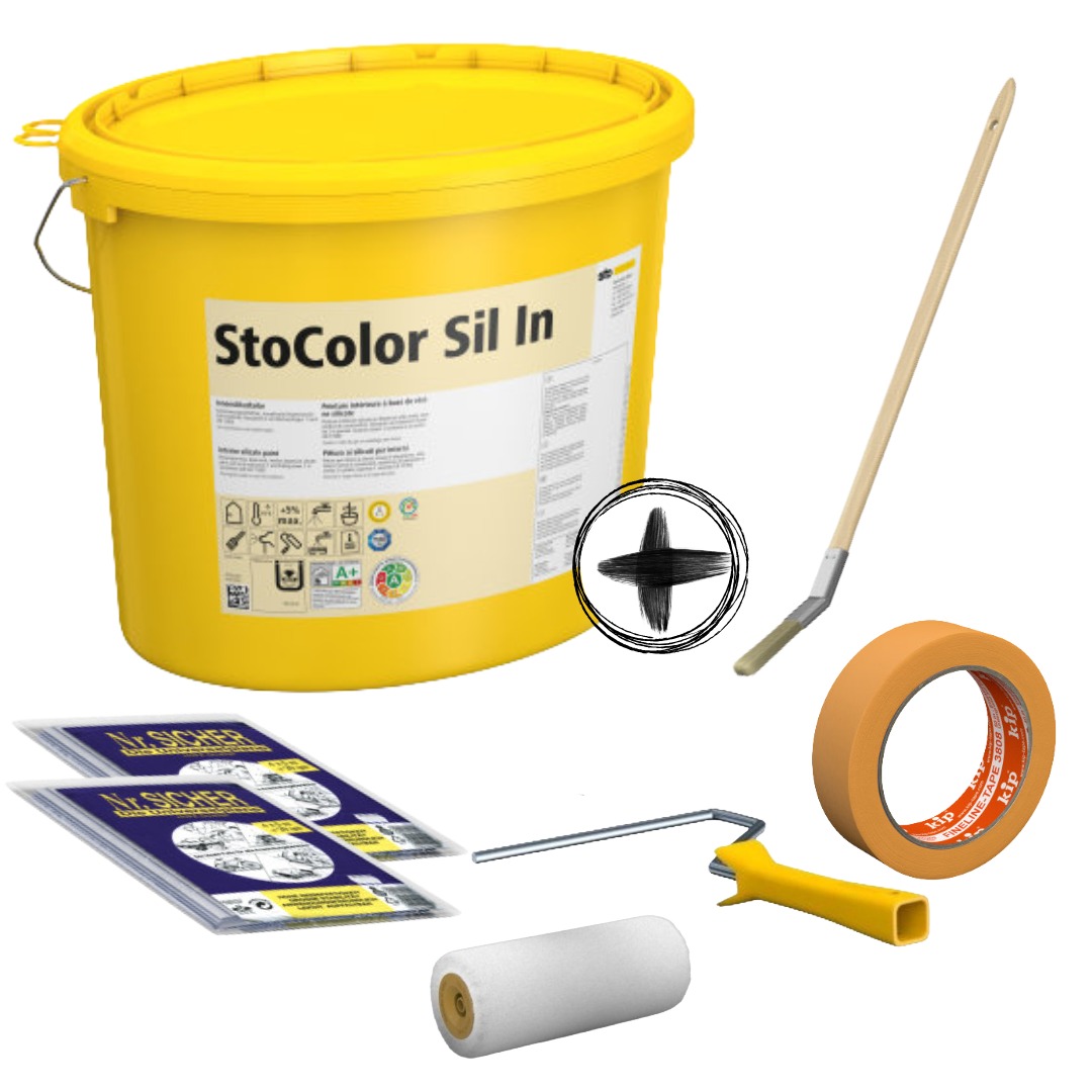 StoColor Sil In Starterset 5 L – Gesunde Wandfarbe für ca. 35–41 m² inkl. Malerzubehör - weiß