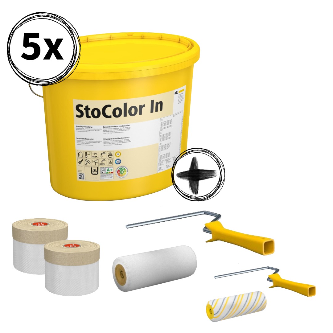 StoColor In 75 L Renovierungs-Sparpaket Weiß – 5 × 15 L Wandfarbe inkl. Farbwalzen & Abdeckmaterial
